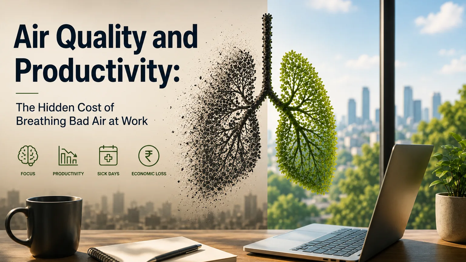 A desk by a window with a laptop, notebook and coffee mug, split between a hazy grey city and a clear green skyline, with a lung-shaped tree dissolving into soot on the polluted side
