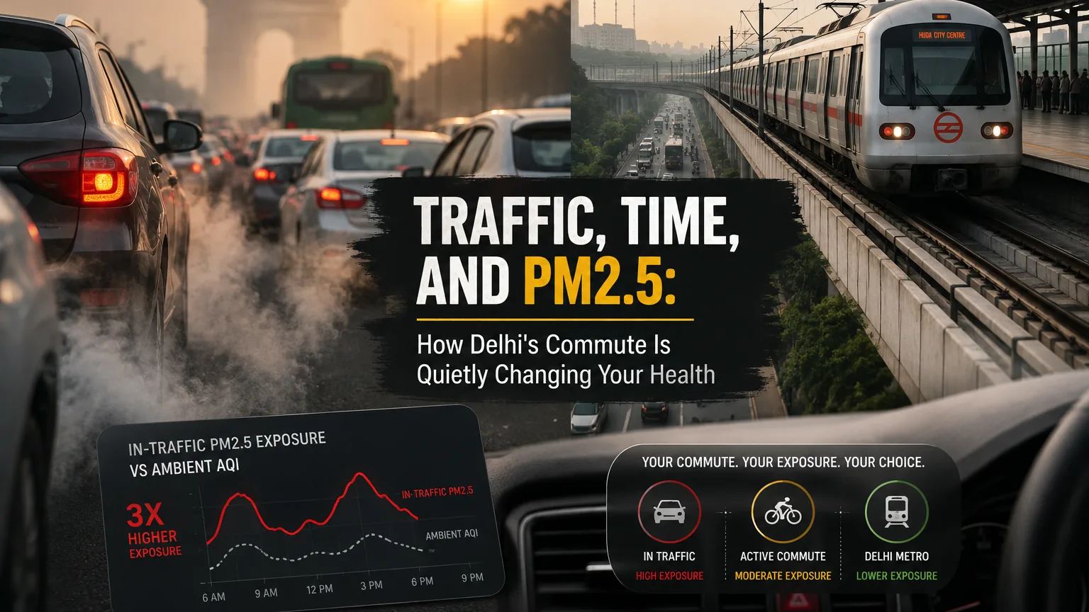Split image of a Delhi road choked with exhaust-emitting cars beside an elevated Delhi Metro train, overlaid with a chart comparing in-traffic PM2.5 against ambient AQI