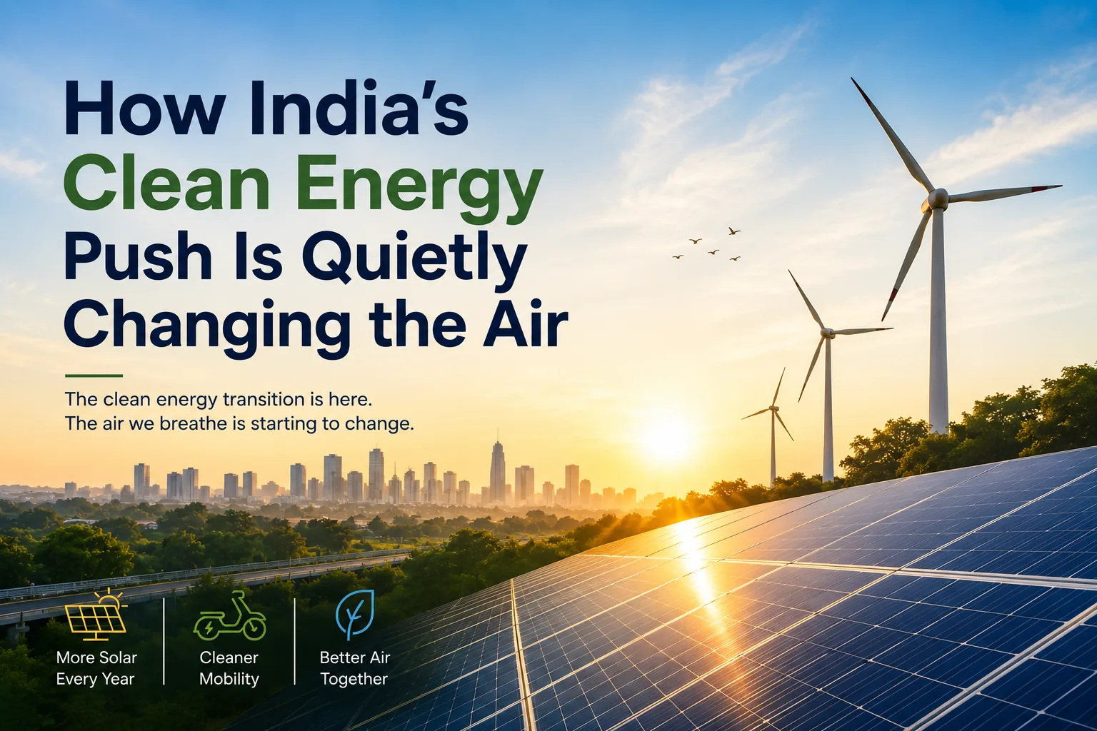 Wind turbines and a utility-scale solar array at sunrise above a hazy Indian city skyline, captioned with more solar every year, cleaner mobility and better air together