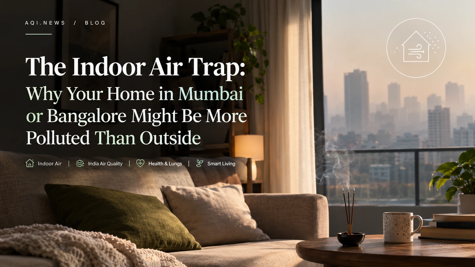 A calm living room in an Indian apartment at dusk, with a hazy high-rise skyline through the balcony window and incense sticks smoking on the coffee table, under the headline "The Indoor Air Trap: Why Your Home in Mumbai or Bangalore Might Be More Polluted Than Outside"