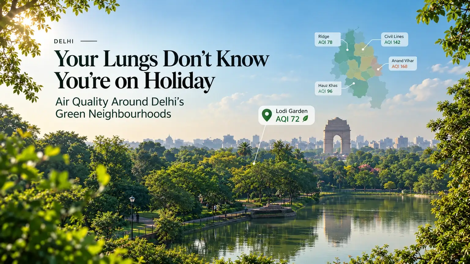 A sunlit Delhi park with a tree-lined lake and India Gate on the skyline, a Delhi map marking local AQI readings for the Ridge, Civil Lines, Anand Vihar, Hauz Khas and Lodi Garden, under the headline "Your Lungs Don't Know You're on Holiday: Air Quality Around Delhi's Green Neighbourhoods"