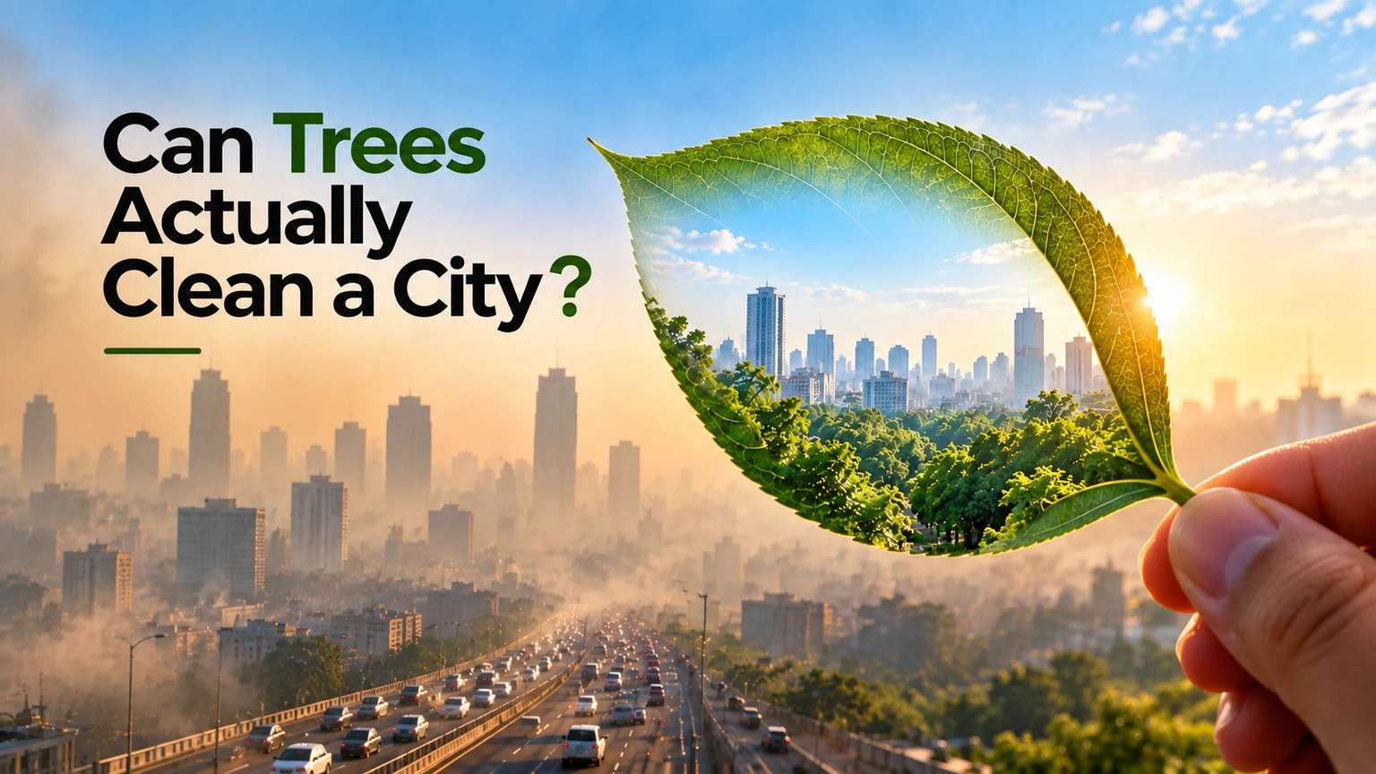 A hand holding up a green leaf that frames a clear, tree-lined city skyline against a hazy, smog-covered city with a busy highway, under the headline "Can Trees Actually Clean a City?"