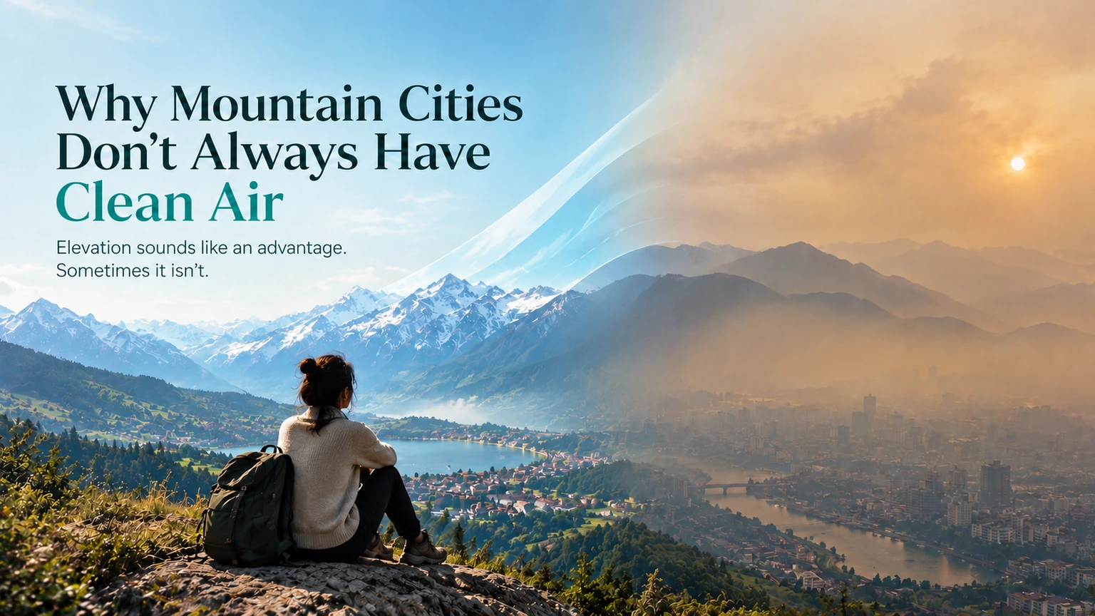 A hiker sits on a hilltop looking over a lakeside mountain city, with snow-capped peaks under clear blue sky on the left fading into thick orange haze over the city on the right, under the headline "Why Mountain Cities Don't Always Have Clean Air"