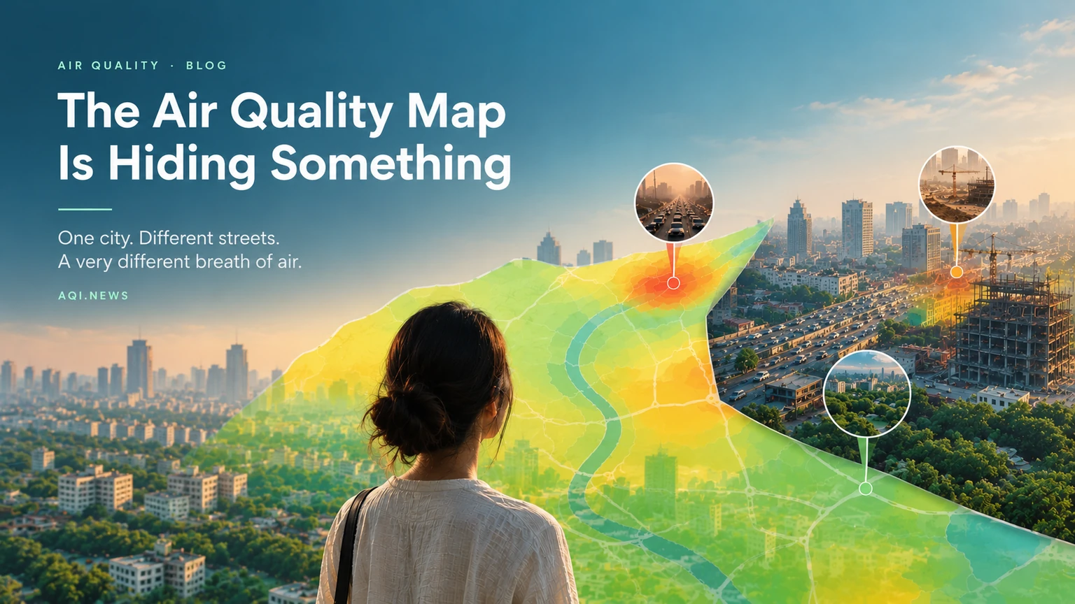 A woman looks out over a city overlaid with a colour-coded air-quality map, with red hotspots marking traffic and a construction site and green over a leafy neighbourhood, under the headline "The Air Quality Map Is Hiding Something"