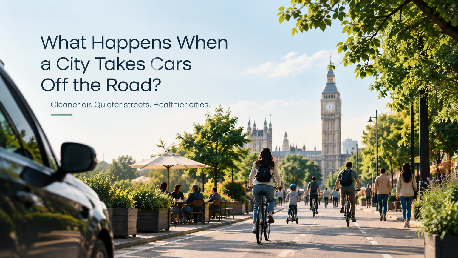 A tree-lined, car-free street in London with people cycling and walking, café tables along the pavement and Big Ben in the distance, under the headline "What Happens When a City Takes Cars Off the Road?"