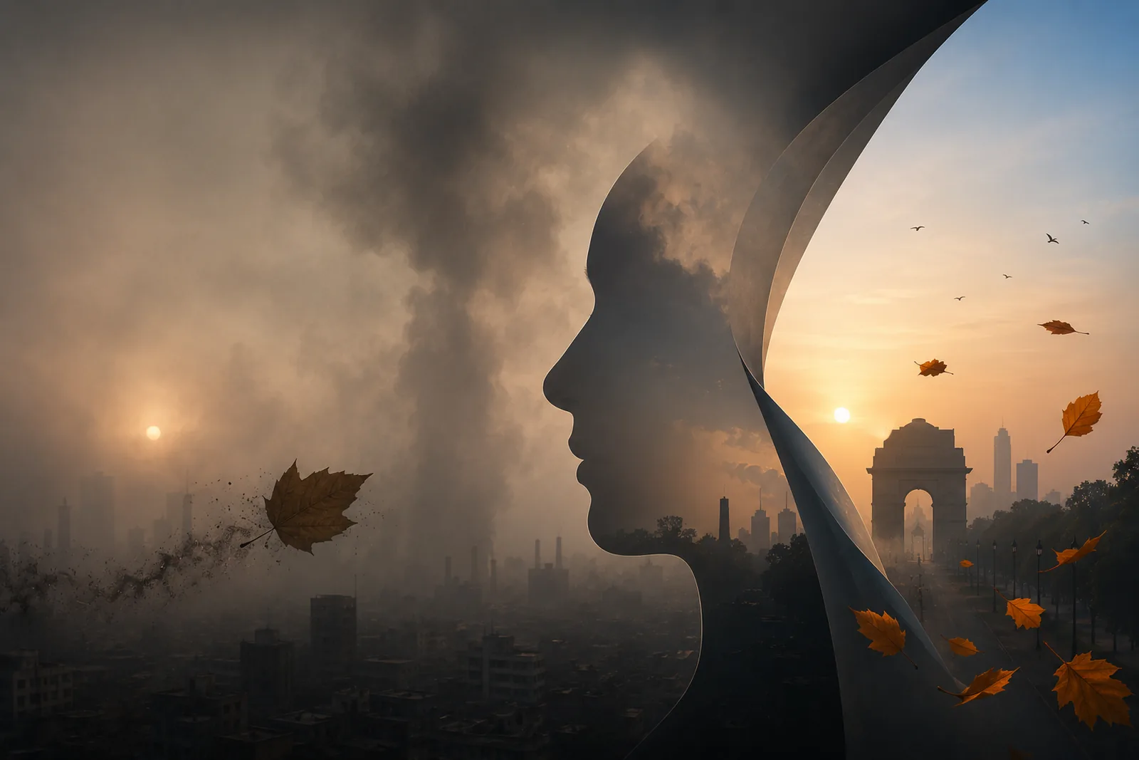 A silhouetted profile against a smog-choked Delhi skyline at sunrise, India Gate visible through the haze with autumn leaves drifting