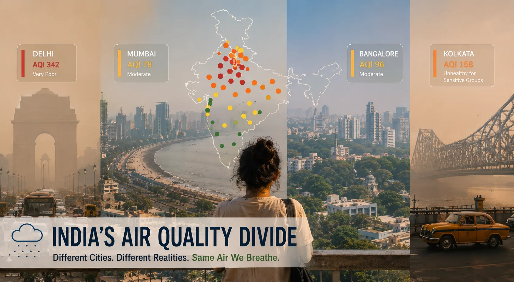 India's air quality divide: Delhi, Mumbai, Bangalore and Kolkata skylines with their contrasting AQI readings over a map of India